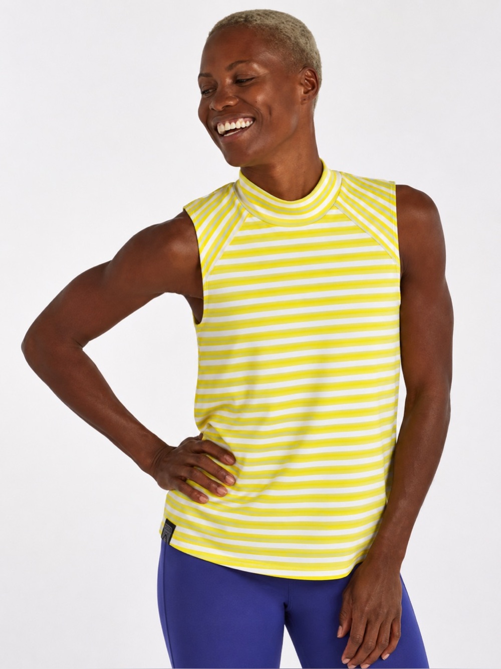 NEW Oiselle Love Mock Neck Tank Yellow Striped Sleeveless Shirt Top XS 860